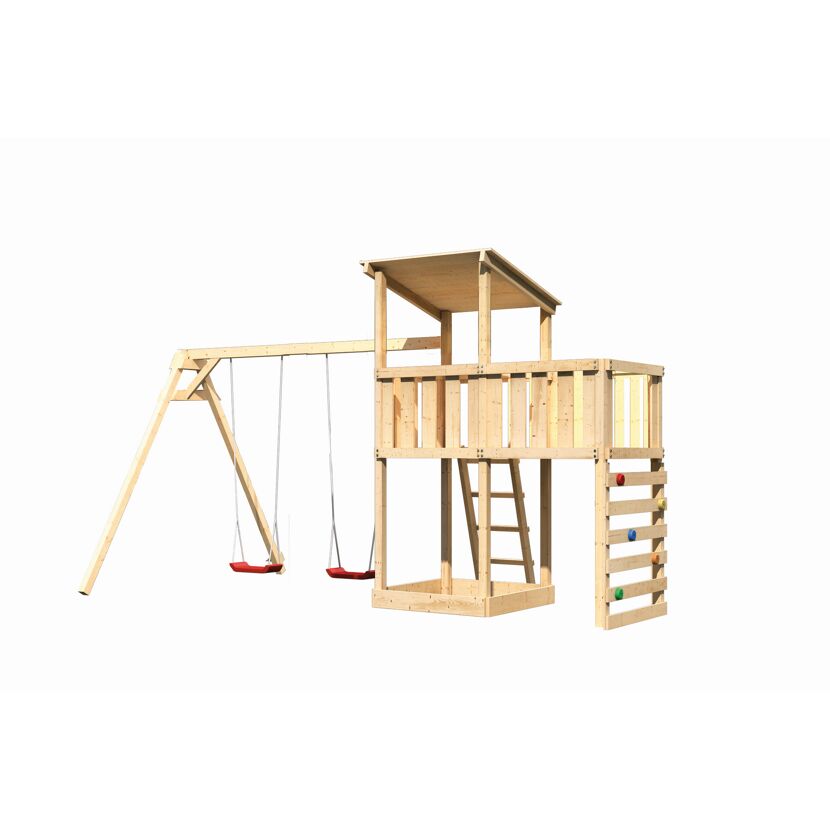 Hölzerner Spielturm mit Schaukel und Kletterwand