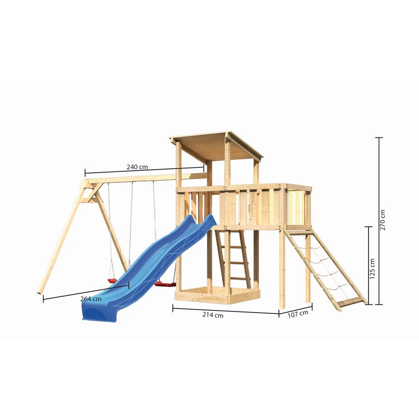 Hölzerner Spielturm mit Schaukel, Rutsche und Kletterwand