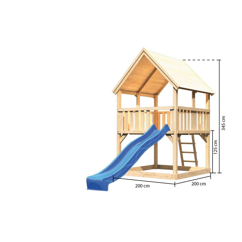 Spielhaus aus Holz mit blauer Rutsche