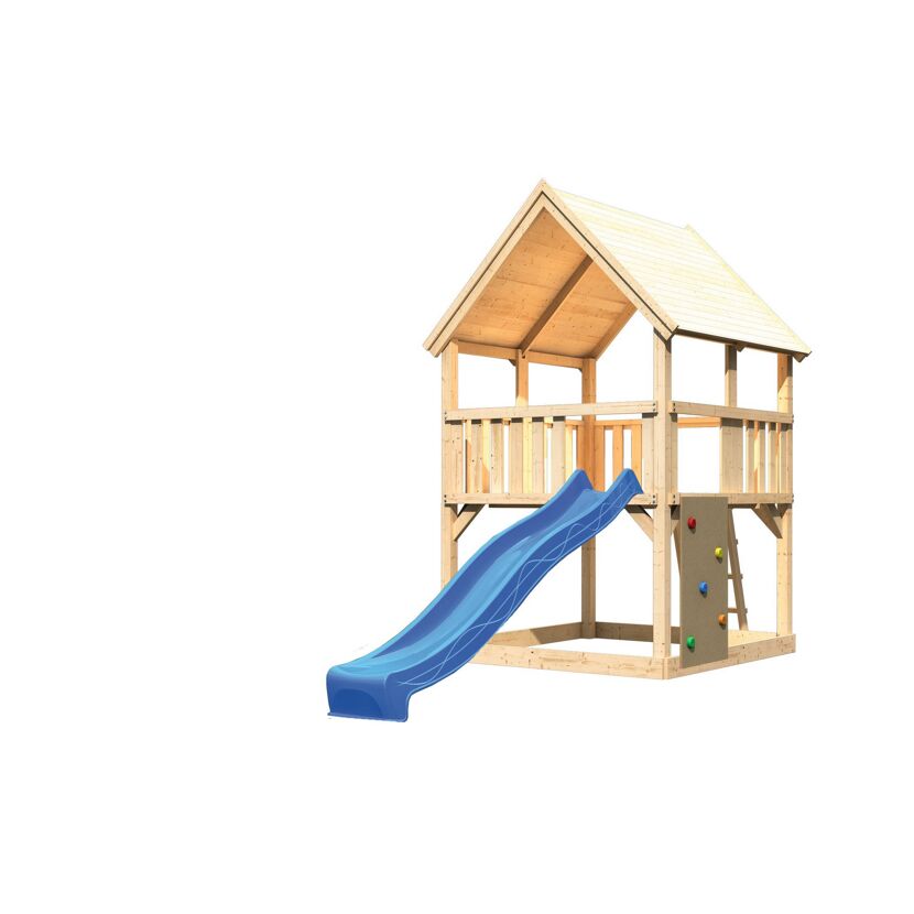 Spielhaus aus Holz mit Rutsche