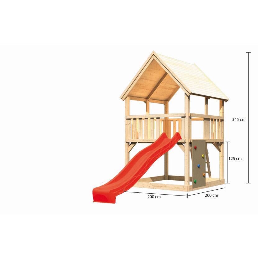Spielhaus aus Holz mit Rutsche und Kletterwand