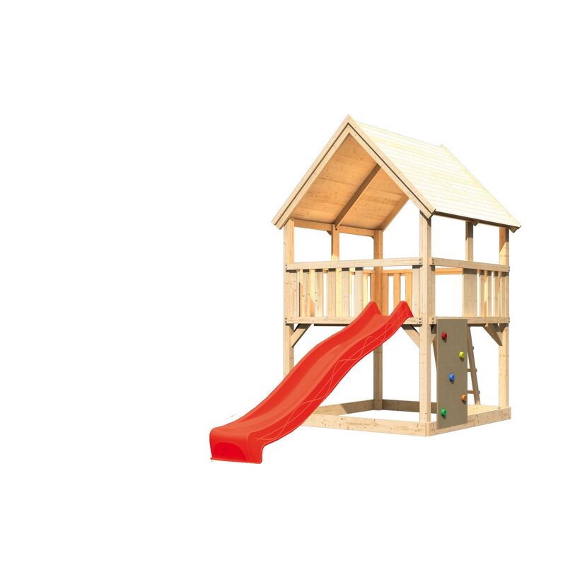Holzspielhaus mit Rutsche und Kletterwand