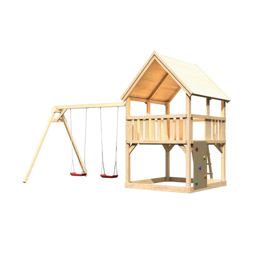 Hölzernes Spielhaus mit Schaukel und Kletterwand