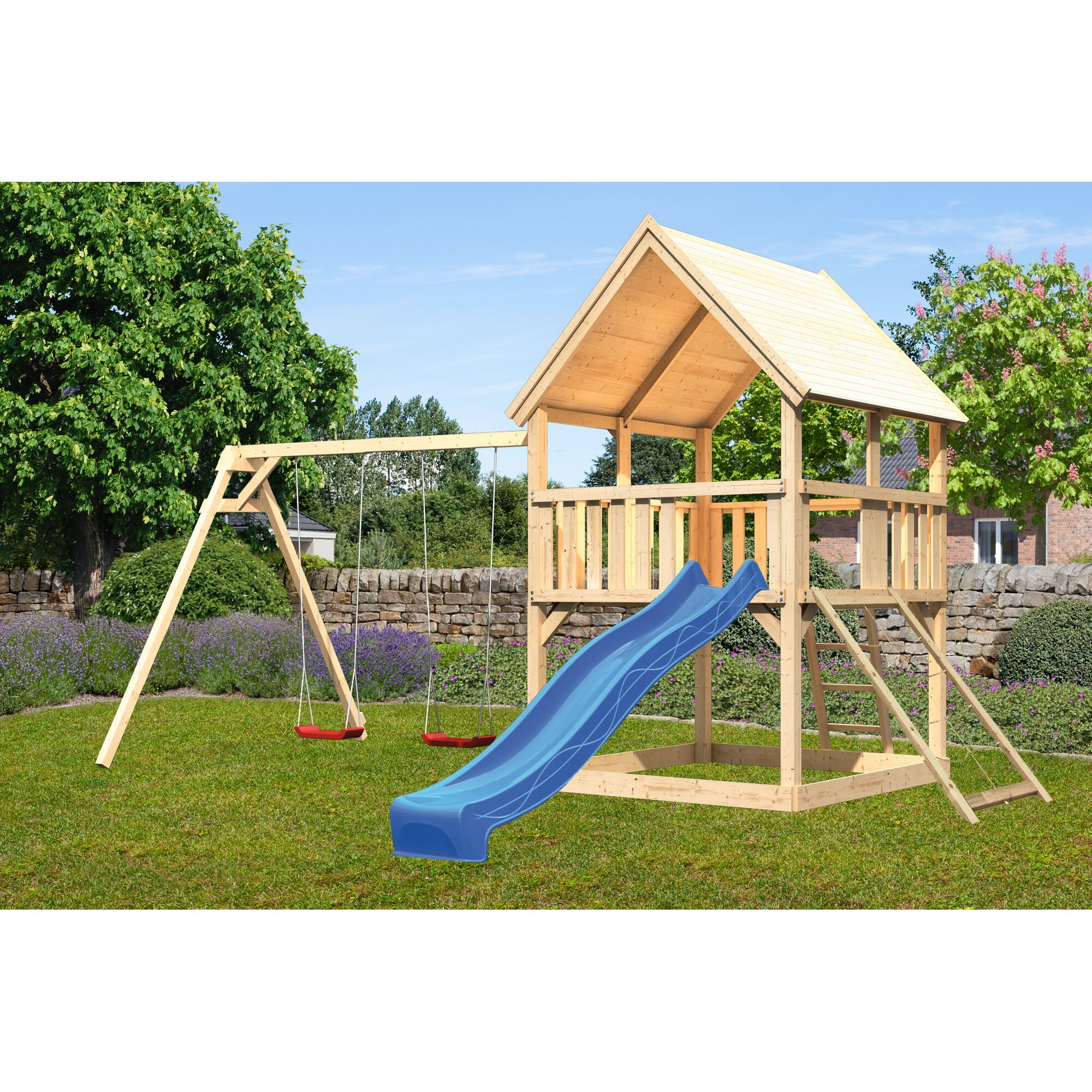 Spielturm mit Schaukel und Rutsche