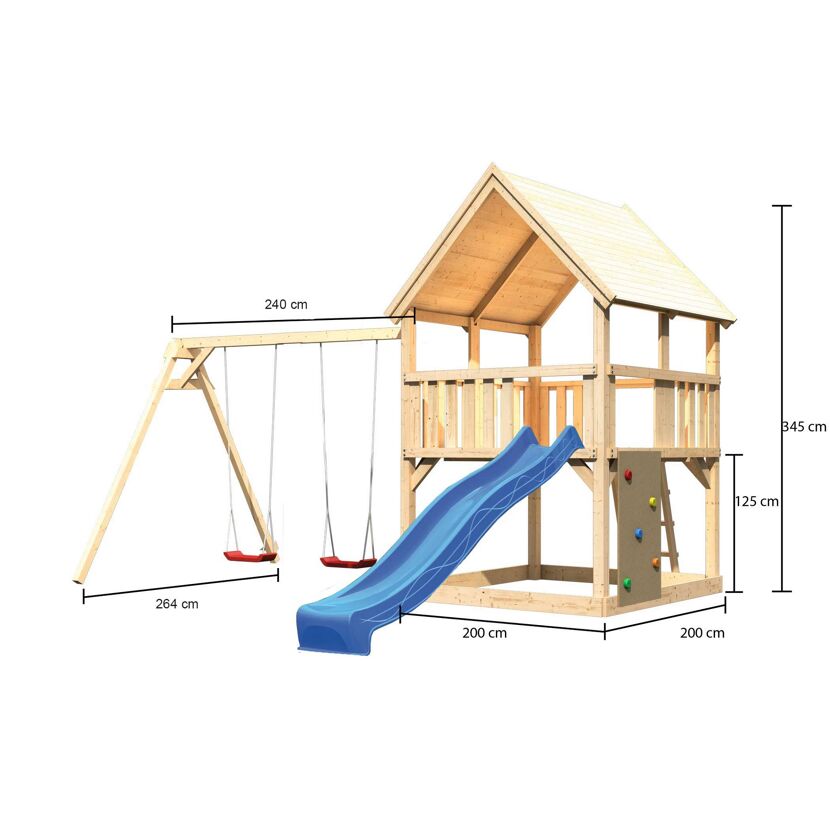 Spielhaus aus Holz mit Rutsche und Schaukel