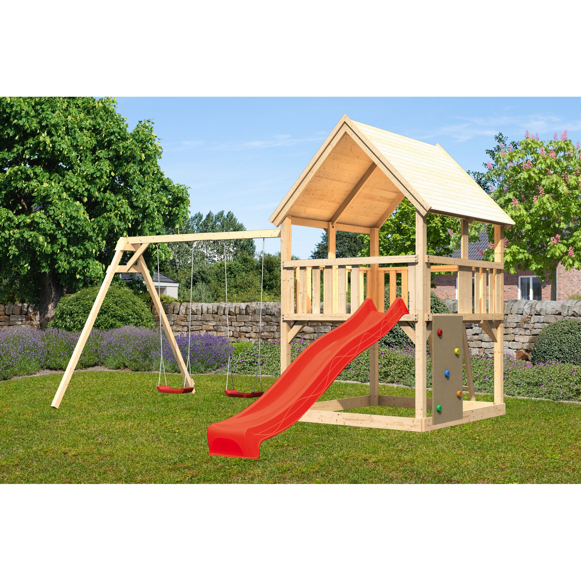 Spielturm mit Schaukel und Rutsche