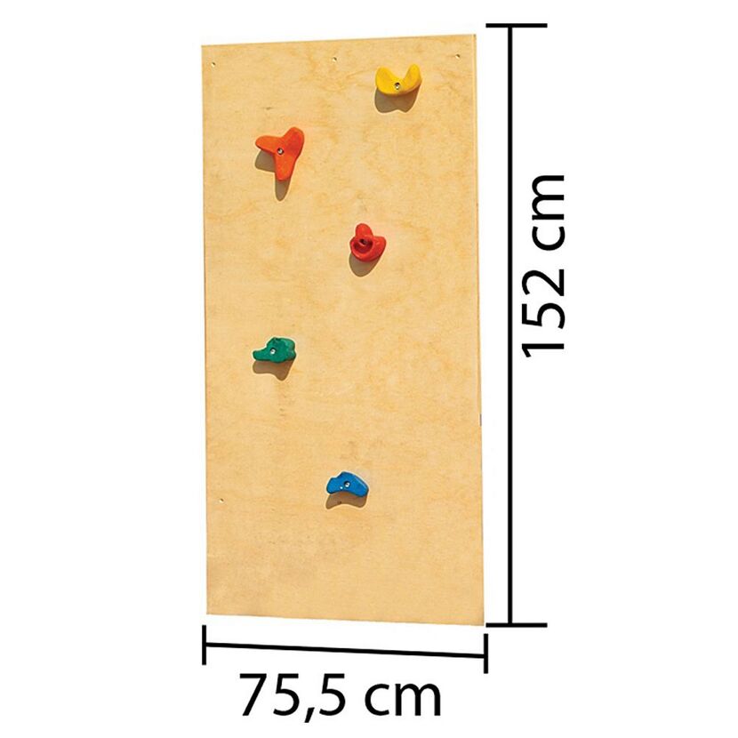 Kletterwand aus Holz mit bunten Griffen