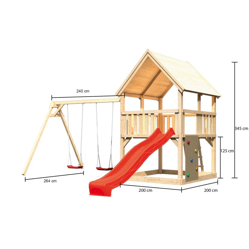 Spielhaus aus Holz mit Rutsche und Schaukel