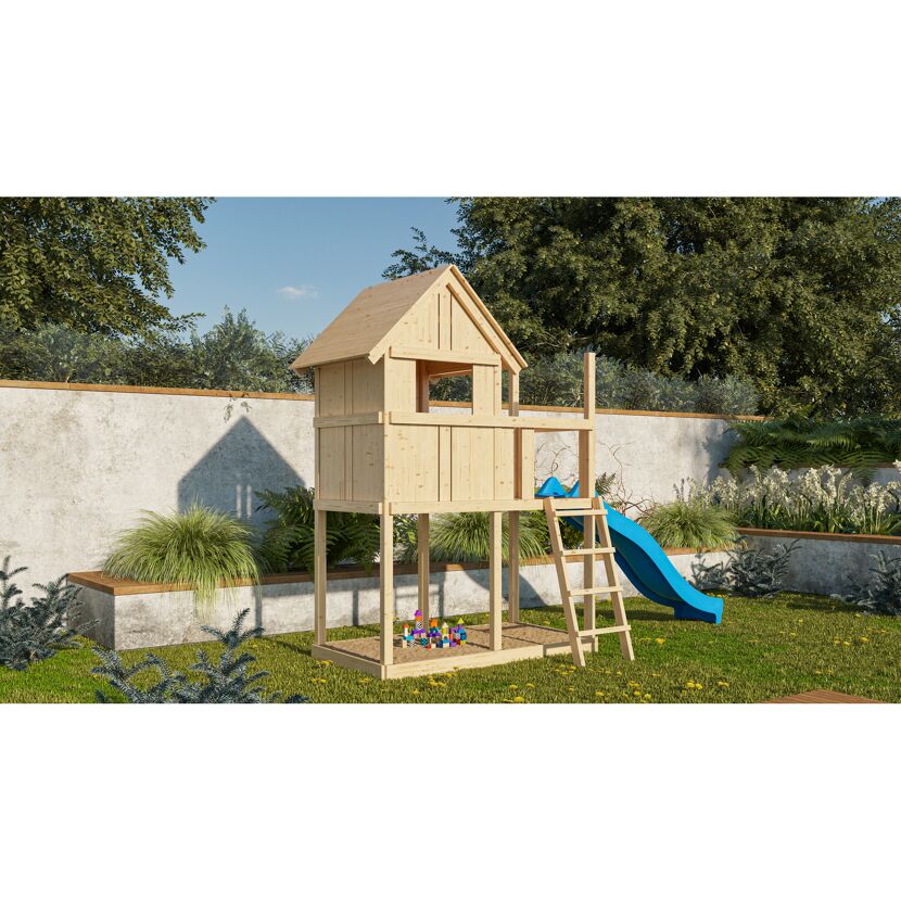 Spielturm aus Holz mit blauer Rutsche