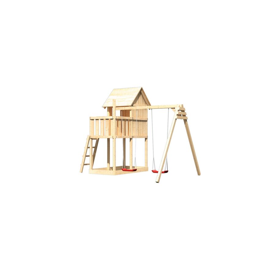 Spielhaus aus Holz mit zwei Schaukeln