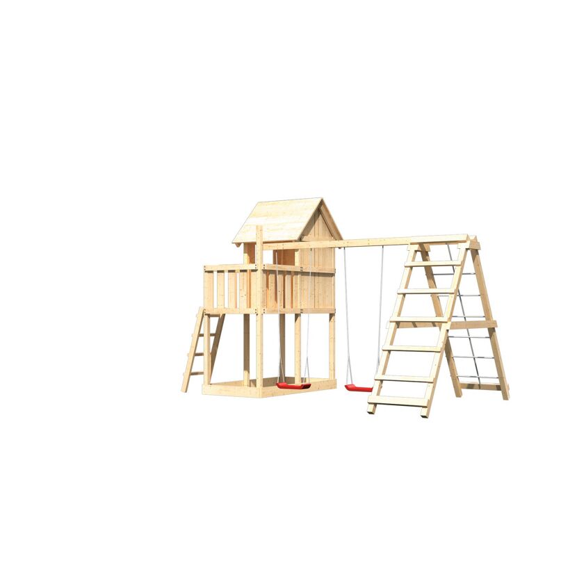 Hölzernes Spielhaus mit Schaukel und Leiter