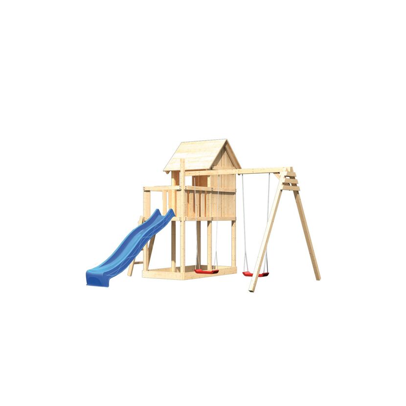 Spielturm aus Holz mit Rutsche und Schaukel