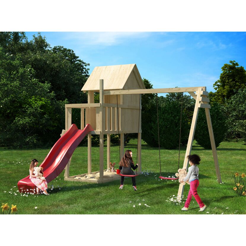 Kinderspielplatz aus Holz mit Rutsche und Schaukel