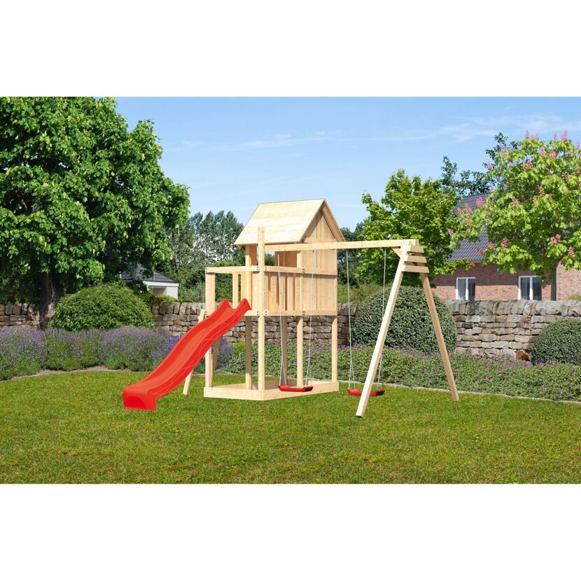 Hölzernes Spielgerät mit Schaukel und Rutsche