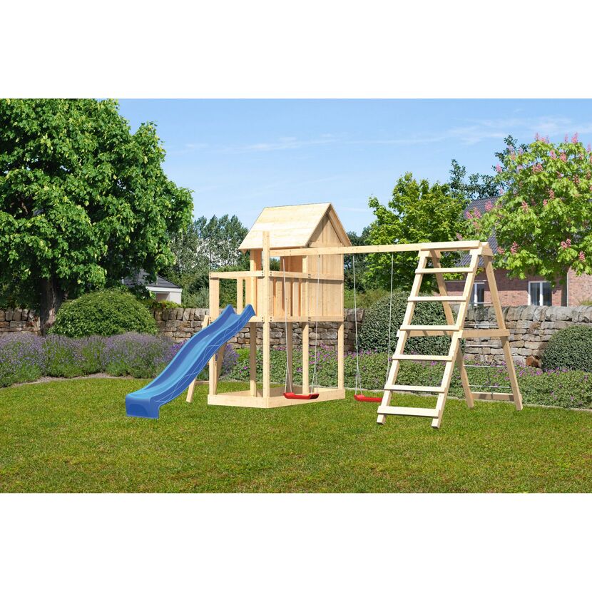 Hölzernes Spielgerüst mit Schaukel und Rutsche