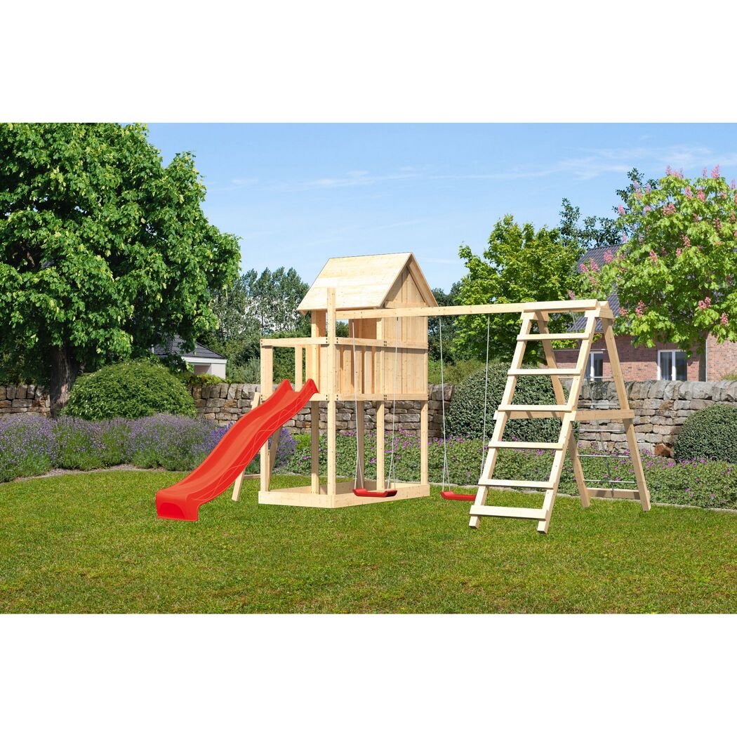 Hölzernes Spielgerüst mit Rutsche und Schaukeln