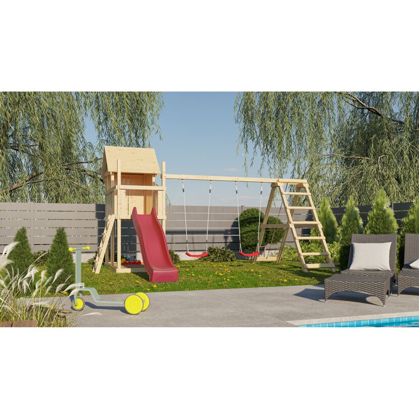 Hölzernes Spielgerüst mit Schaukel und Rutsche