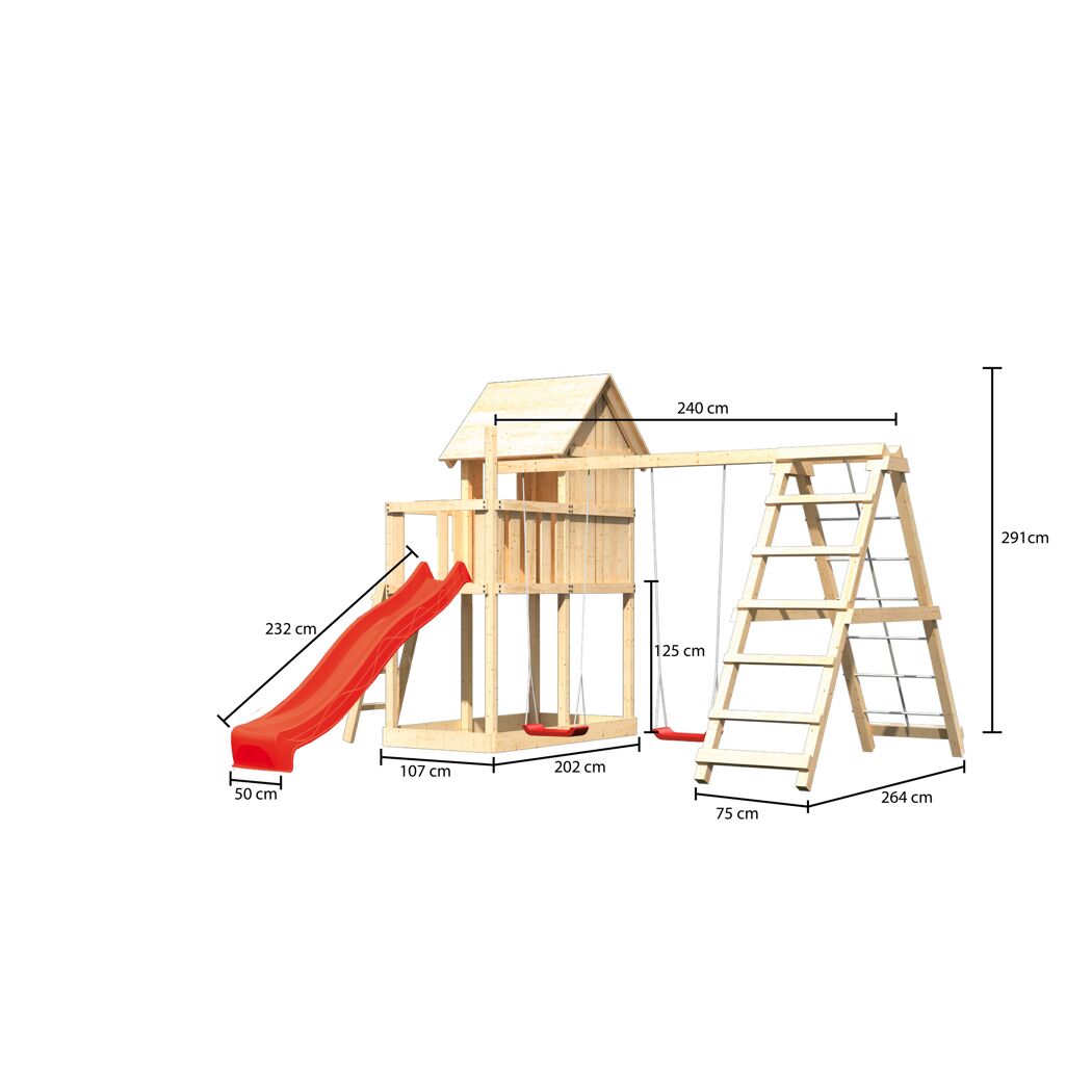 Holzspielplatz mit Rutsche und Schaukel