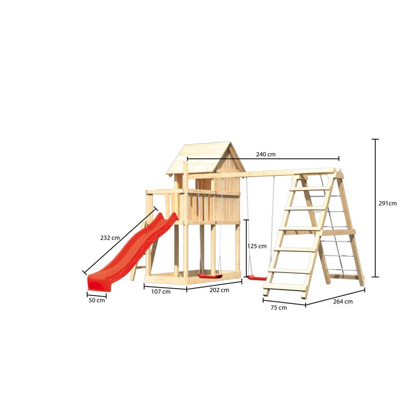 Holzspielplatz mit Rutsche und Schaukel