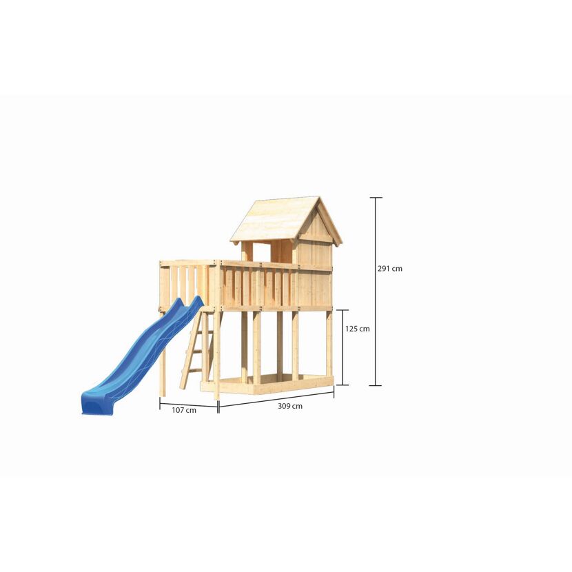 Spielhaus aus Holz mit blauer Rutsche