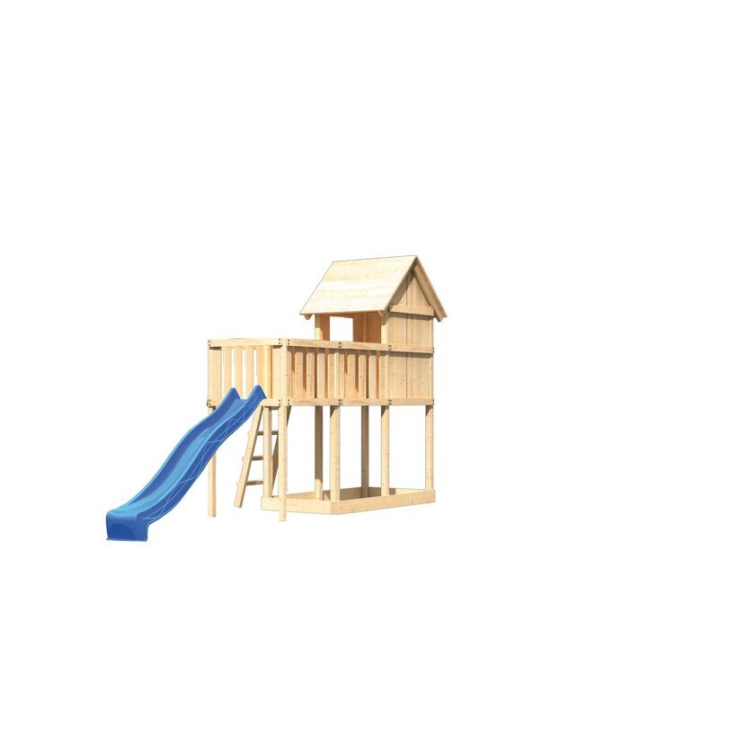 Spielhaus aus Holz mit blauer Rutsche