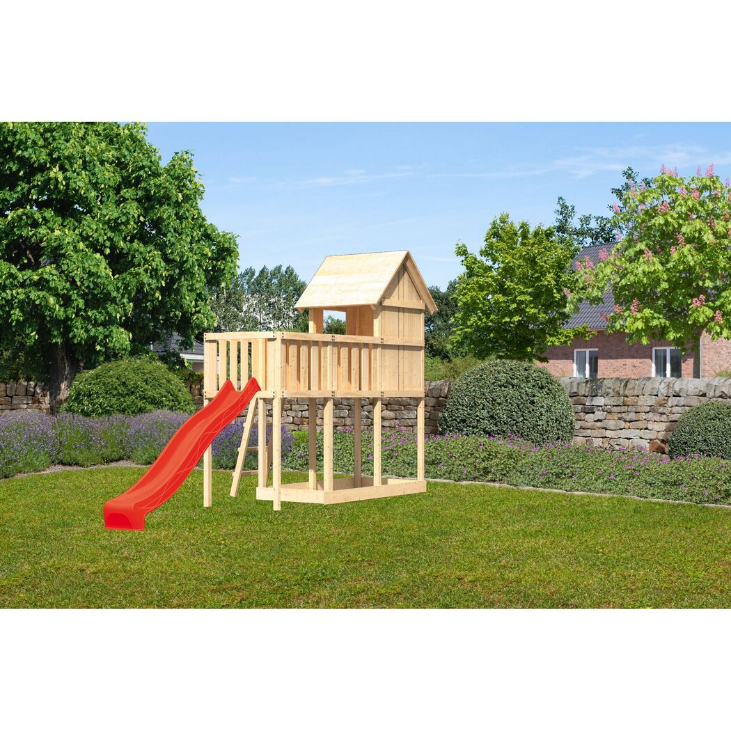 Hölzernes Spielhaus mit Rutsche