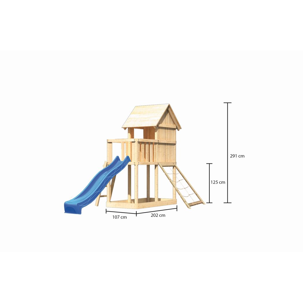 Hölzerner Spielturm mit Rutsche und Strickleiter