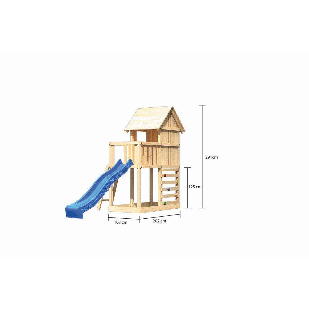 Holzspielturm mit Rutsche