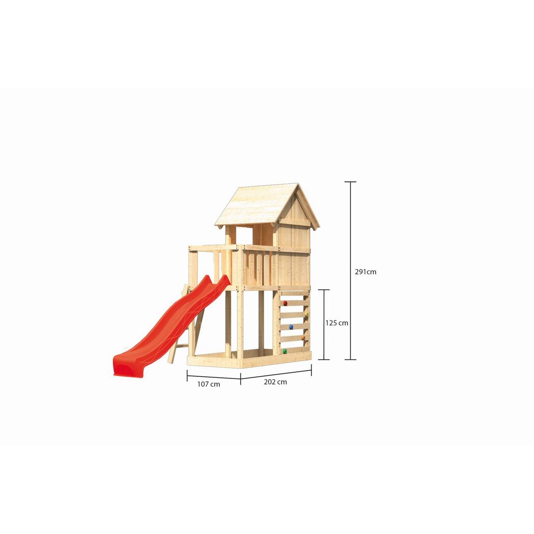 Holzspielturm mit Rutsche
