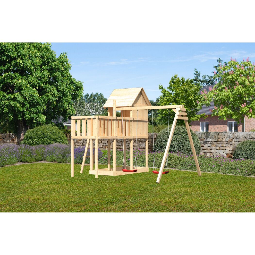 Hölzernes Spielgerät mit Schaukel und Rutsche