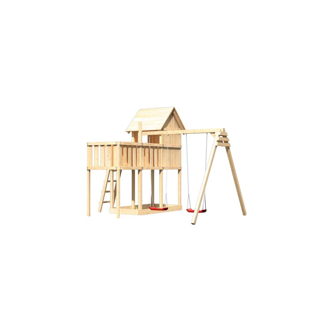 Spielhaus aus Holz mit zwei Schaukeln