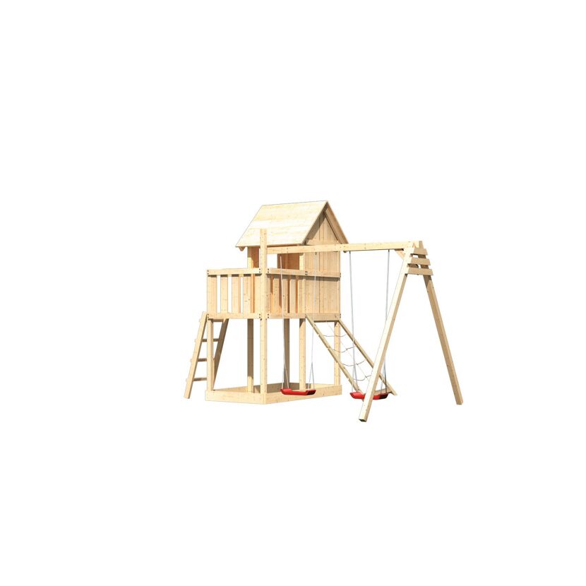 Hölzernes Spielhaus mit Schaukel und Leiter