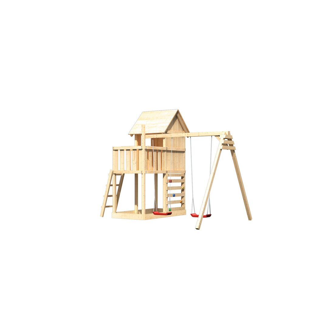 Hölzernes Spielhaus mit Schaukel und Leiter