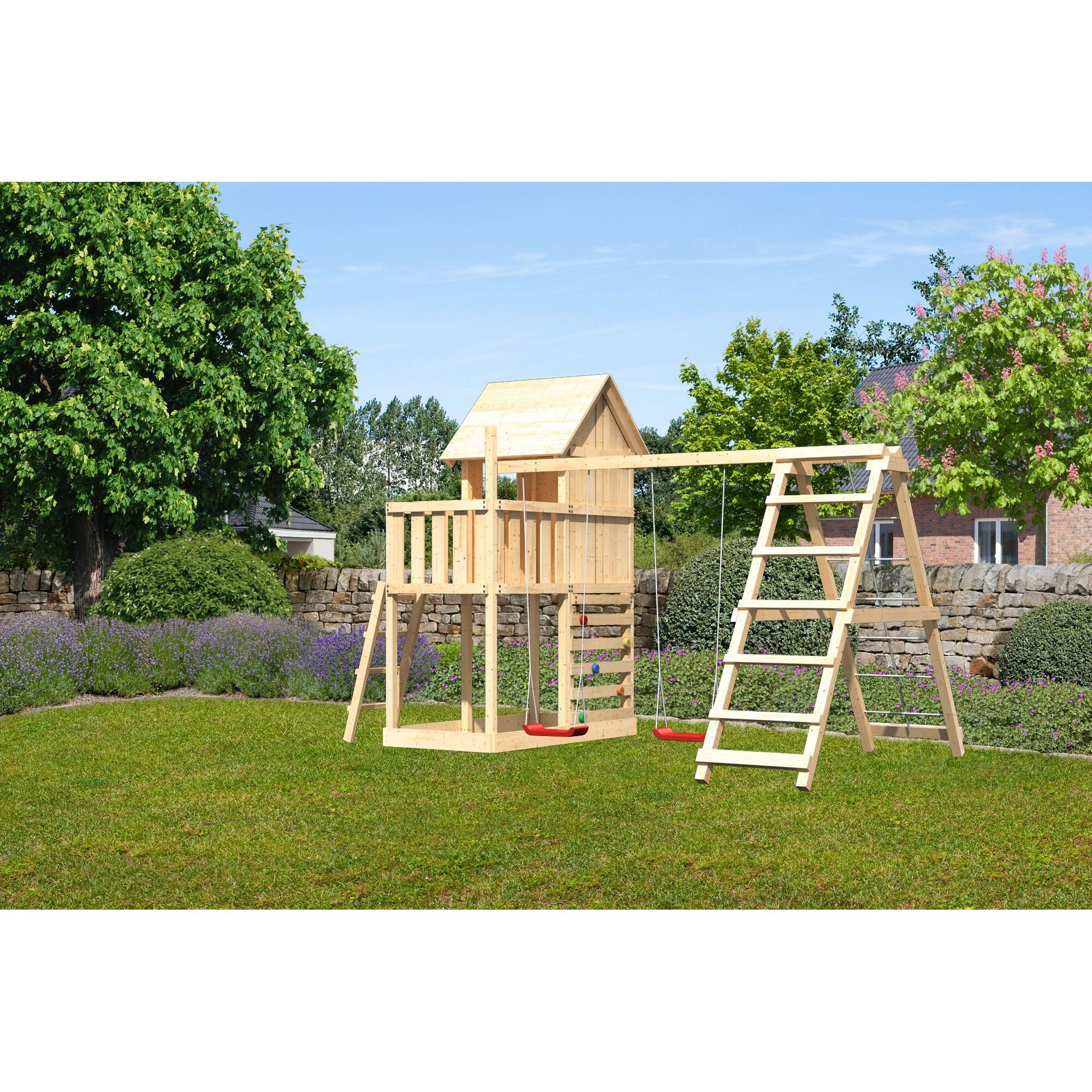 Hölzerner Spielturm mit Schaukel und Leiter