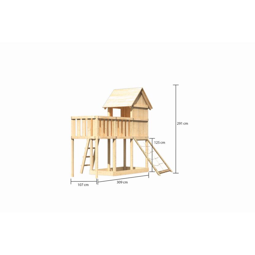 Spielhaus aus Holz mit Leiter und Strickleiter