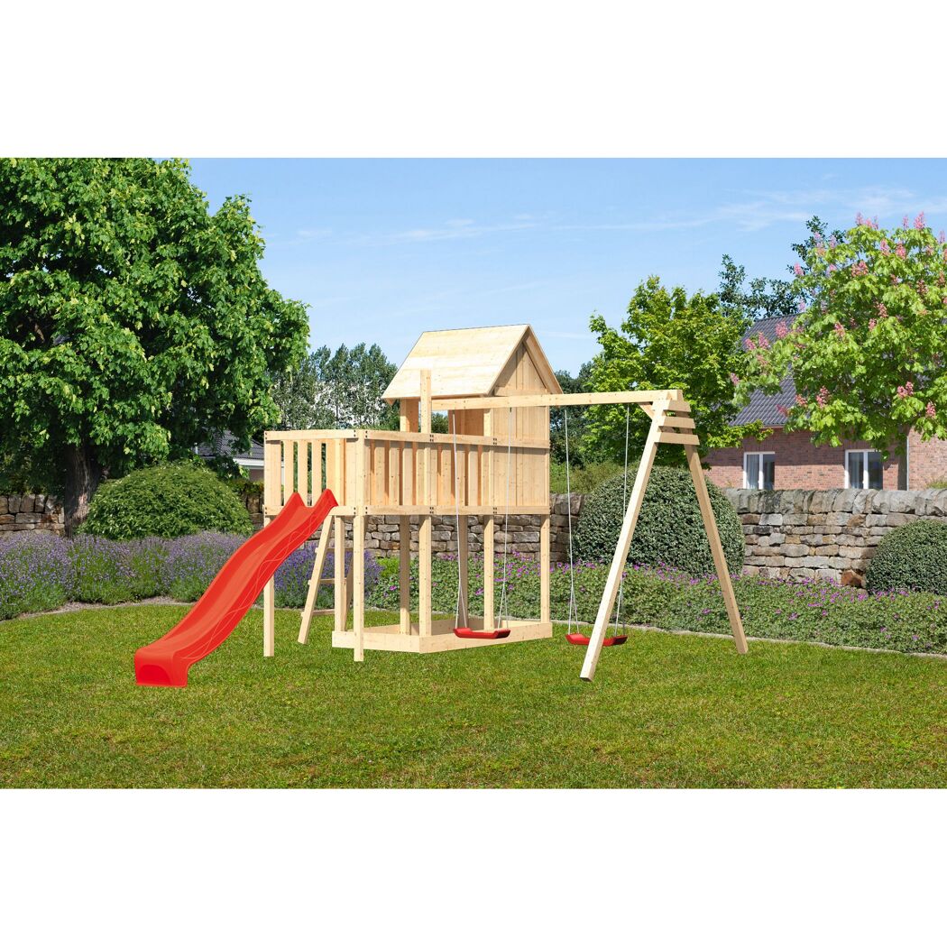 Holzspielturm mit Schaukel und Rutsche