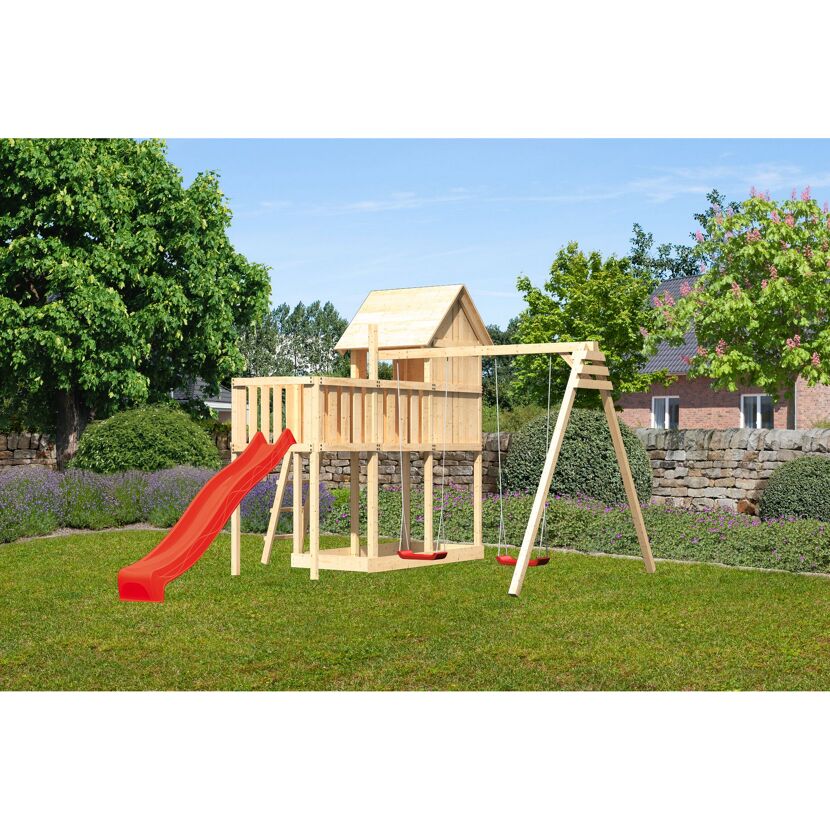 Holzspielturm mit Schaukel und Rutsche