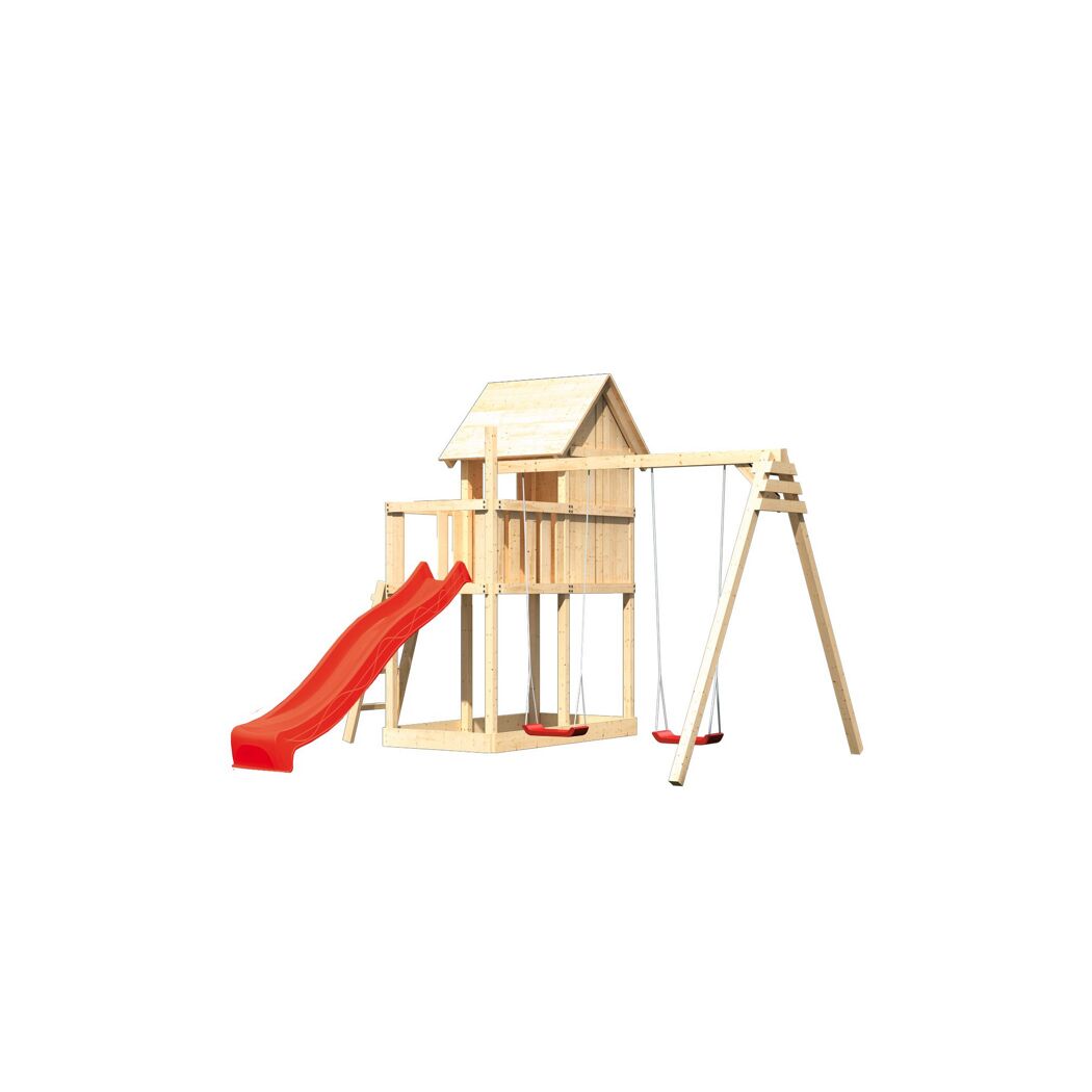 Spielturm aus Holz mit Schaukel und Rutsche