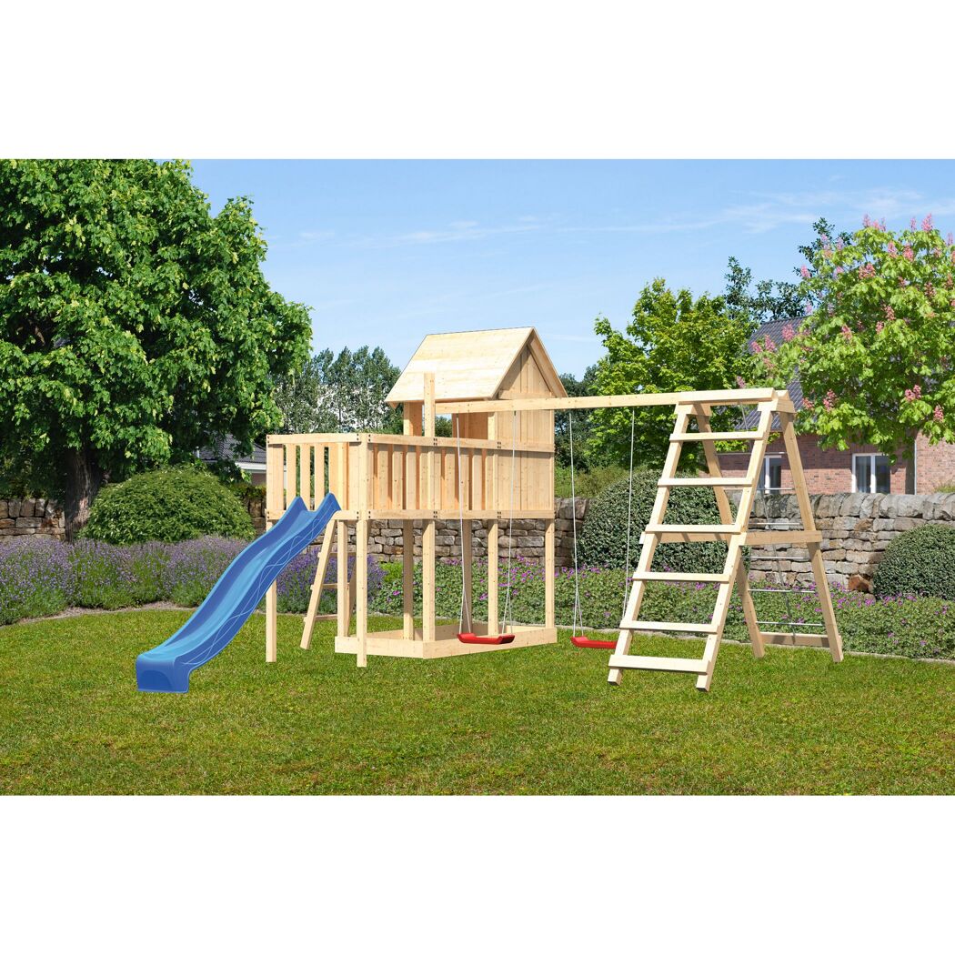 Hölzerner Spielturm mit Rutsche und Schaukeln