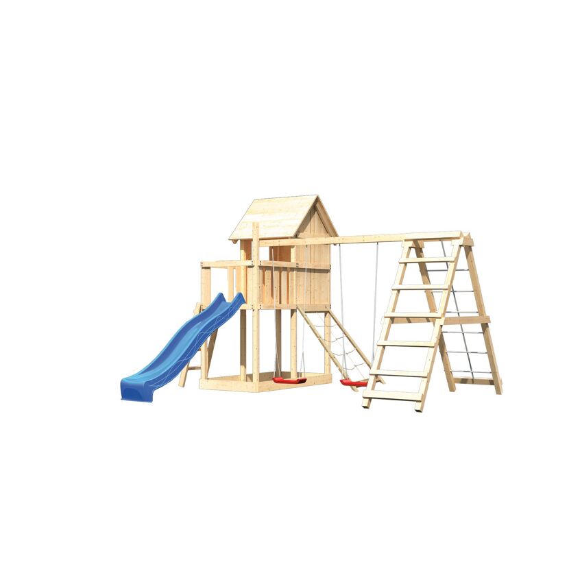 Hölzernes Spielgerüst mit Rutsche und Schaukeln