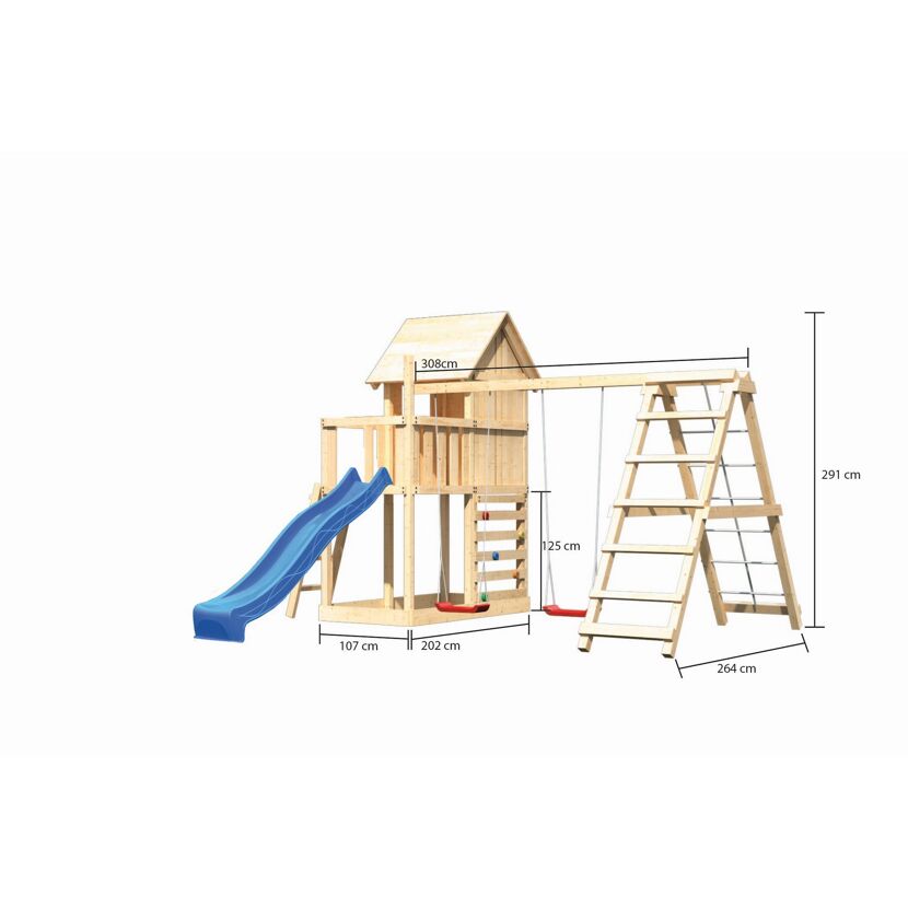 Hölzerner Spielturm mit Schaukel und Rutsche