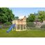 Holzspielturm mit blauer Rutsche und Leiter