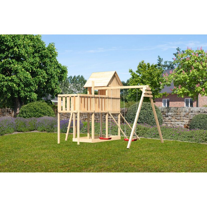 Kinderspielhaus 'Frieda' naturbelassene nordische Fichte 107 x 291 x 107 cm
