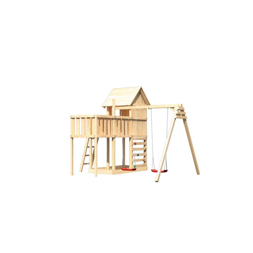 Hölzernes Spielhaus mit Schaukel und Leiter