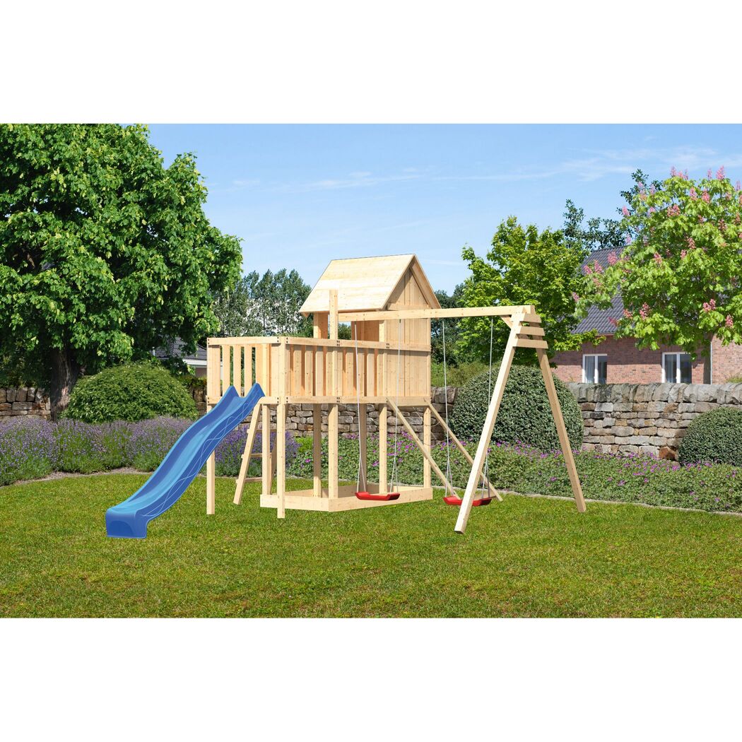 Spielturm aus Holz mit Rutsche und Schaukel