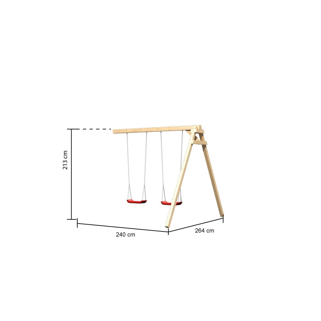 Holzschaukel mit zwei roten Schaukelsitzen
