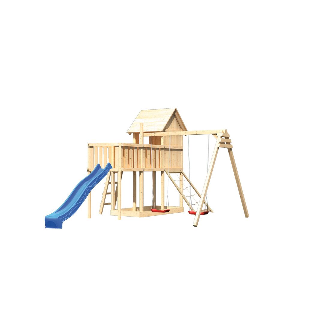 Hölzerner Spielturm mit Rutsche und Schaukeln