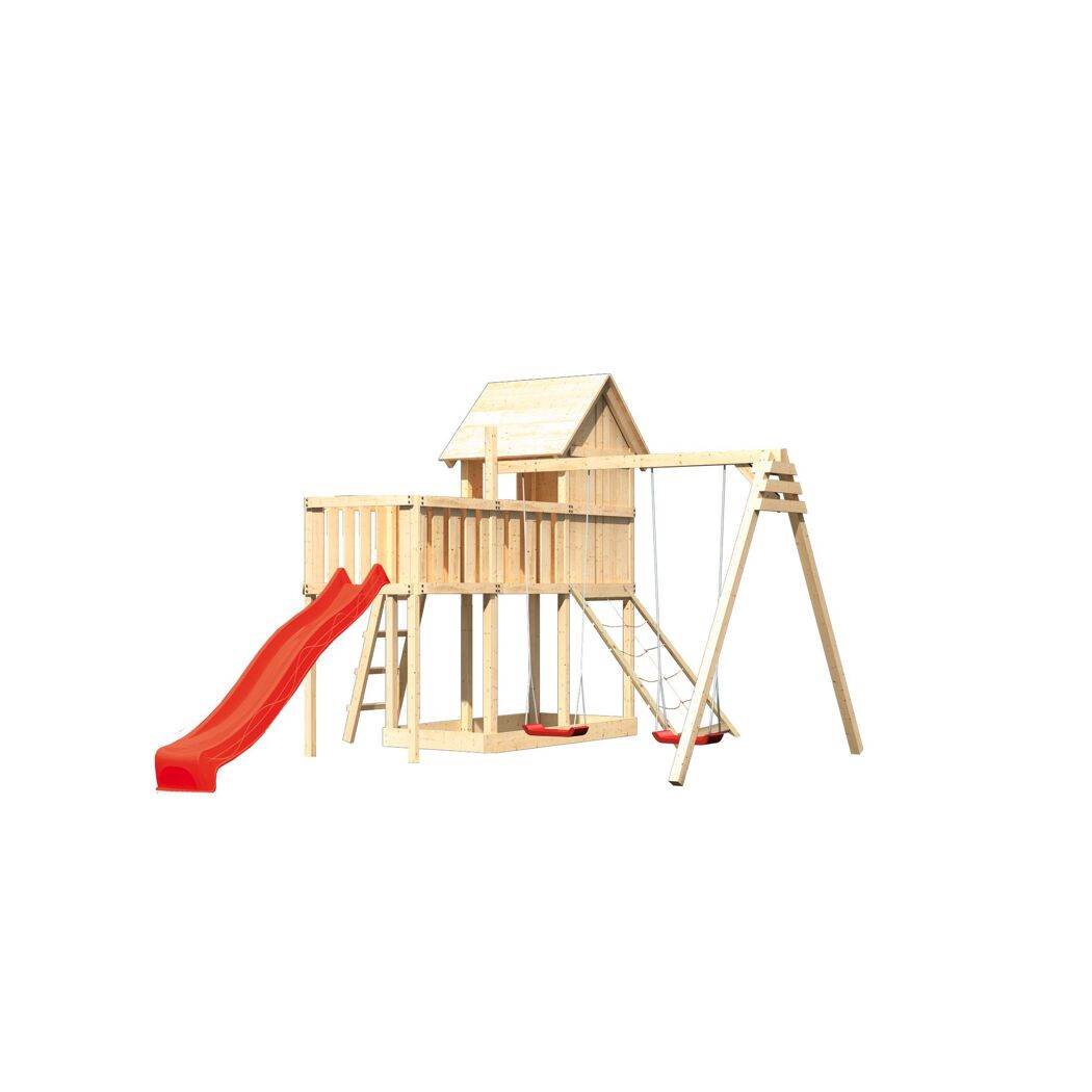 Holzspielplatz mit Schaukel und Rutsche