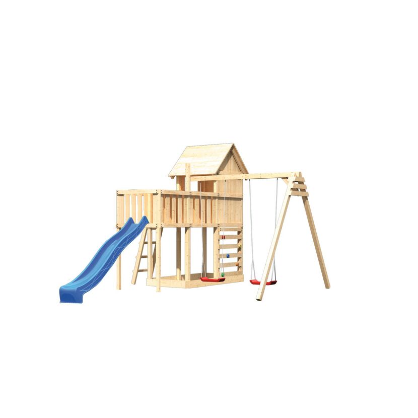 Hölzernes Spielhaus mit Rutsche und Schaukel