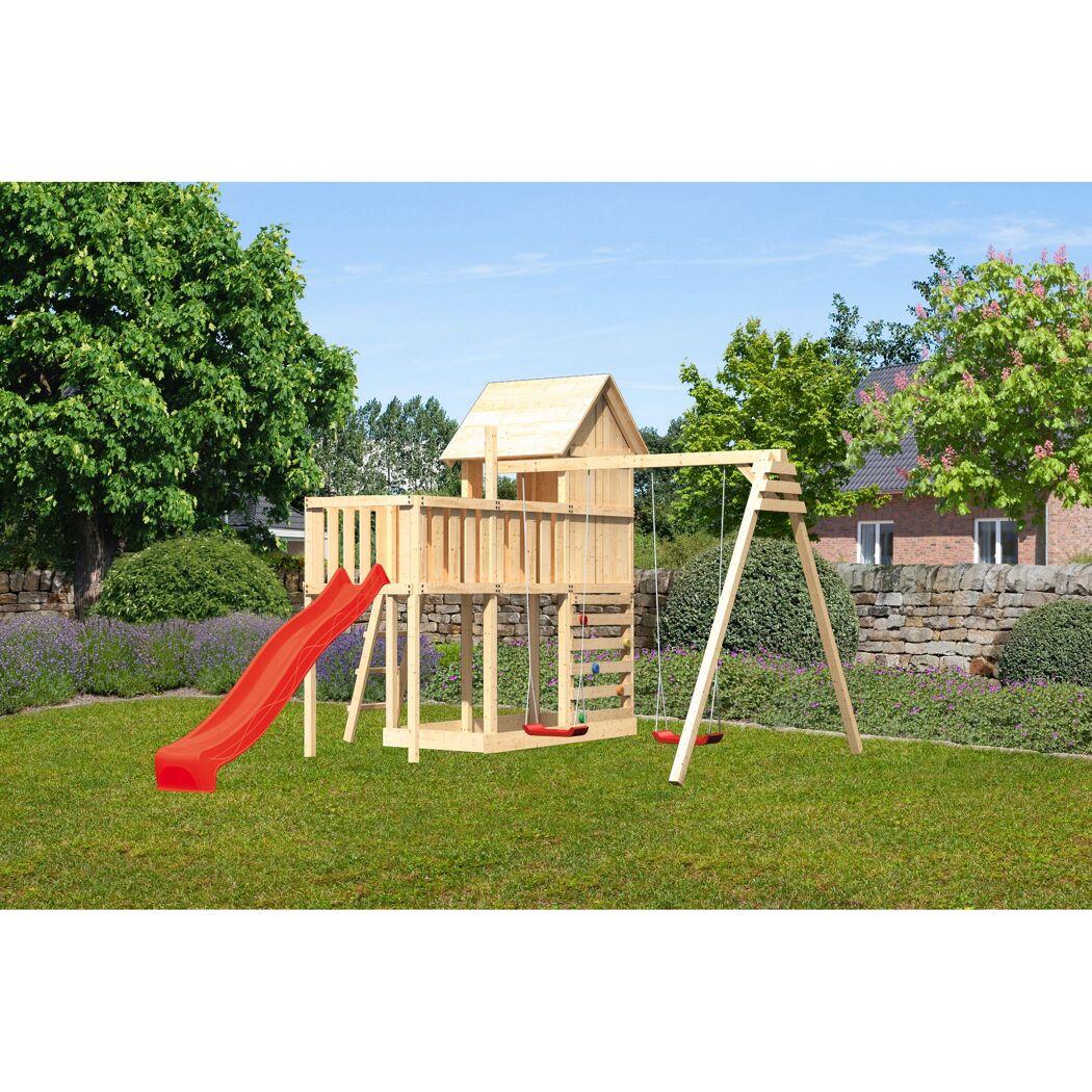 Hölzernes Spielgerät mit Schaukel und Rutsche